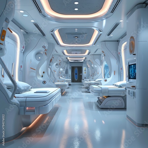 A futuristic space station with white walls and orange accents. The space station is filled with beds and has a futuristic design