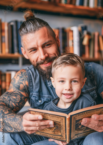 A man with a beard and tattoos is reading a book to a young boy. The boy is smiling and seems to be enjoying the story. Concept of warmth and bonding between the two