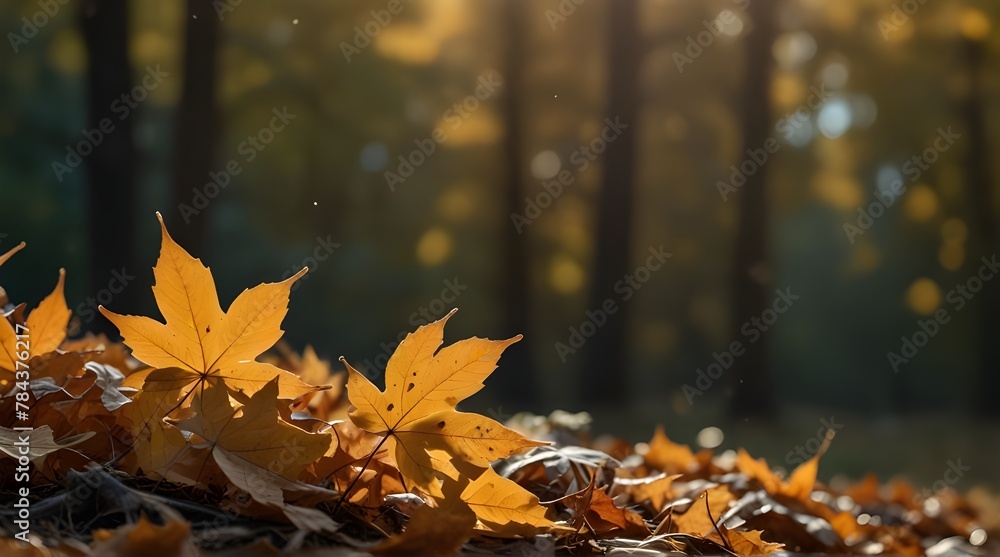 Flying fall leaves close up on autumn forest background, golden hour.generative.ai