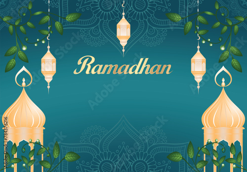 Eid mubarak greeting template with green mandala, lanterns and leaves