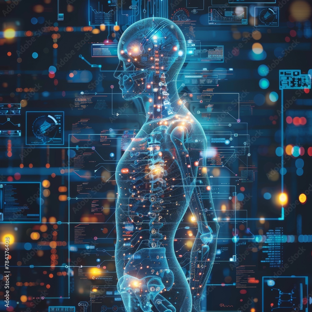A man's body is shown in a computer generated image with a lot of glowing lights. The image is of a futuristic man with a robotic body. The image is meant to convey the idea of technology
