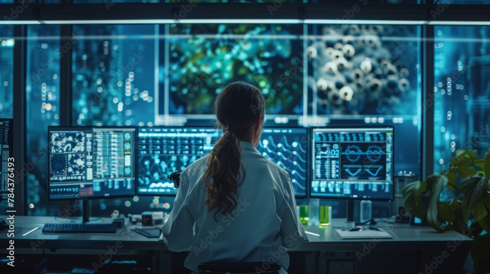 A woman is sitting at a desk with a computer monitor in front of her. She is wearing a white lab coat and has her hair in a ponytail. The room is dimly lit, and there are several monitors on the desk A woman is sitting at a desk with a computer monitor in front of her. She is wearing a white lab coat and has her hair in a ponytail. The room is dimly lit, and there are several monitors on the desk