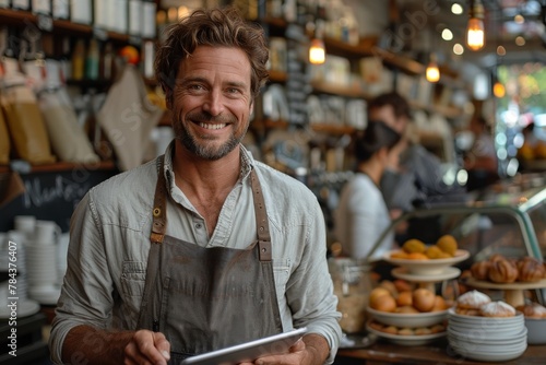 A handsome bearded man wearing an apron smiles while using a tablet in a well-lit cosy cafe setting