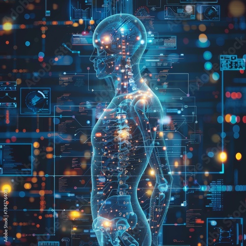 A man's body is shown in a computer generated image with a lot of glowing lights. The image is of a futuristic man with a robotic body. The image is meant to convey the idea of technology