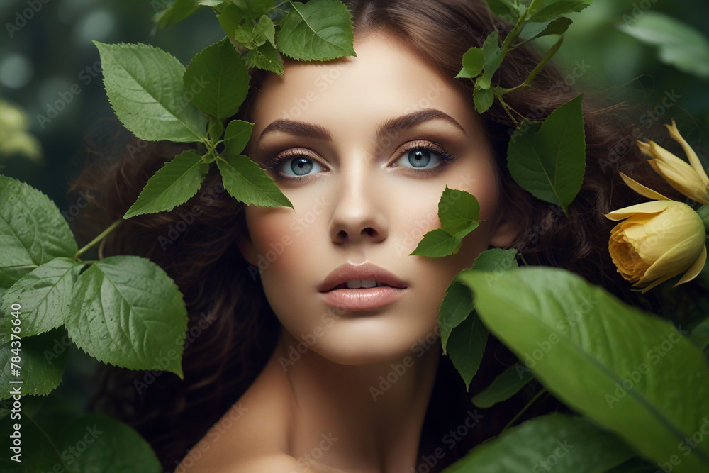 Transform your appearance with the beauty of nature, green cosmetics concept, woman's face surrounded by greenery, flowers and butterflies Transform your appearance with the beauty of nature, green cosmetics concept, woman's face surrounded by greenery, flowers and butterflies