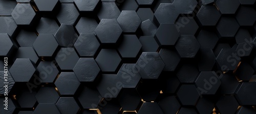 Black hexagon honeycomb shapes matte surface moving up down randomly. Abstract modern design background concept. 3D illustration rendering graphic design