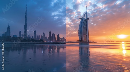 Dubai skyline with hotels during sunset and day to night time photo