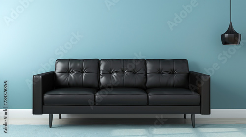 A black sofa in front of a light blue wall in modern living room, minimalist interior design  © Ali