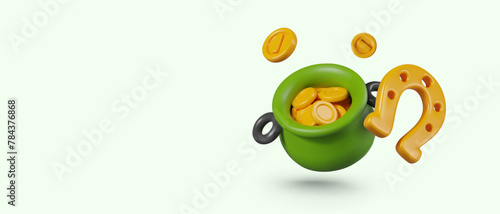 Green leprechaun pot with gold coins, horseshoe. Vector composition in cartoon style