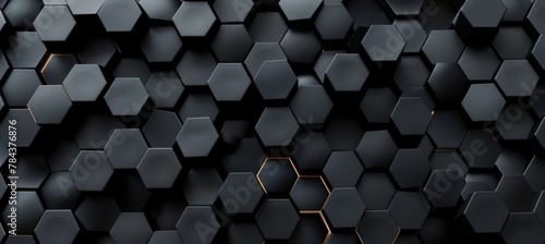 Black hexagon honeycomb shapes matte surface moving up down randomly. Abstract modern design background concept. 3D illustration rendering graphic design