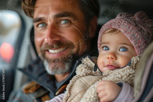 An overjoyed father shares a smile with his baby wearing a knitted hat, reflecting the delight of father-child relationships photo