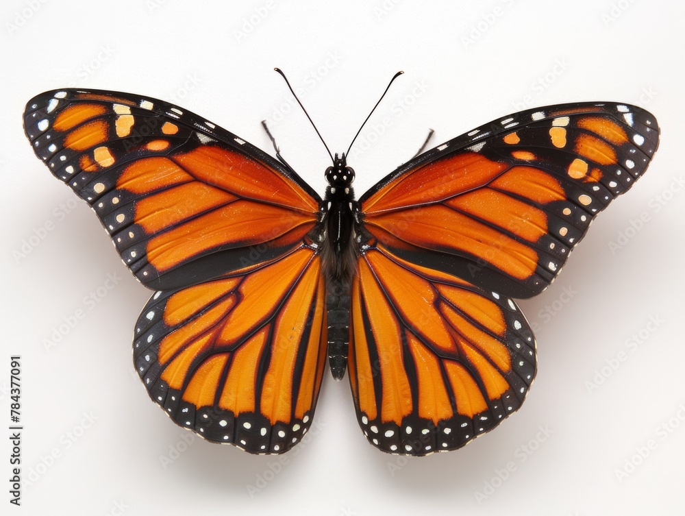 Fototapeta premium A large orange butterfly with black wings. The butterfly is resting on a white background. The butterfly is the main focus of the image