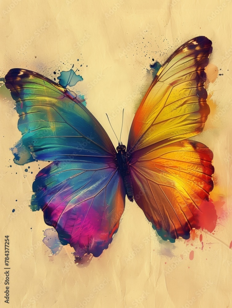 Obraz premium A colorful butterfly with its wings spread open. The butterfly is surrounded by splatters of paint, giving it a vibrant and artistic appearance. Concept of freedom and beauty