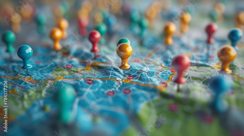 Business Location: A 3D vector illustration of a map with pins showing the strategic