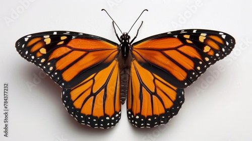 A large orange butterfly with black markings on its wings. The butterfly is resting on a white background