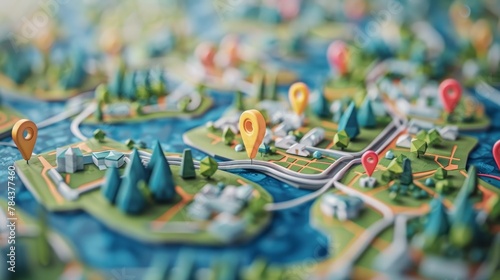 Community Mapping: A 3D vector illustration of a map with pins marking locations