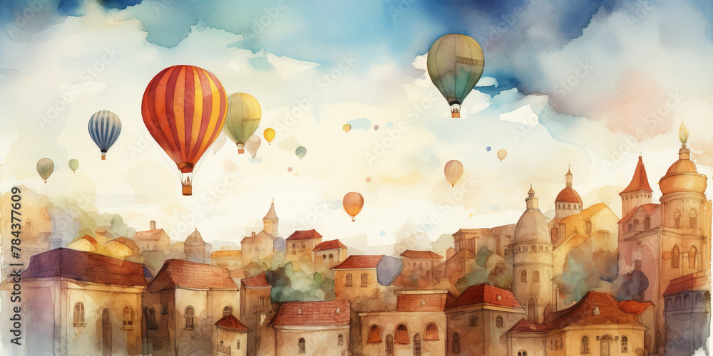 watercolor paint of City with a lot of beautiful houses and hot balloons in the sky , generative AI