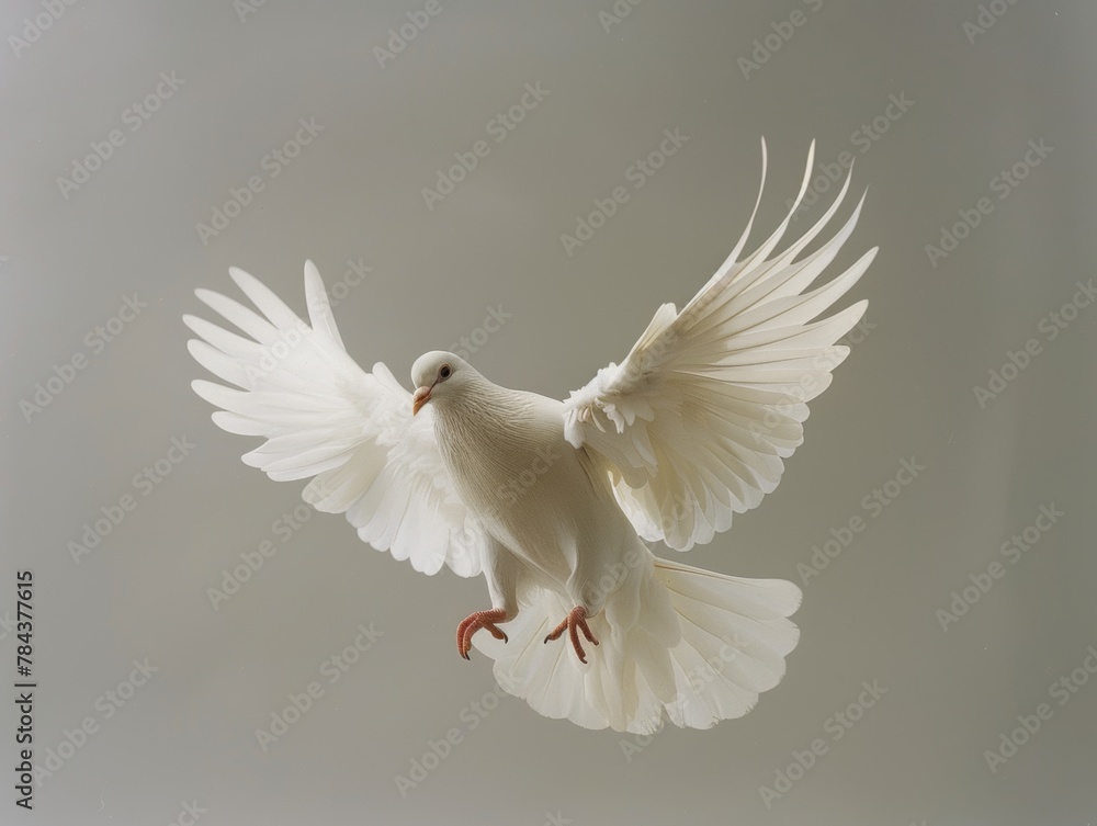 Obraz premium A white dove is flying in the sky. The bird has a black beak and is surrounded by white feathers. Concept of freedom and peace, as the dove is soaring through the air without any visible obstacles