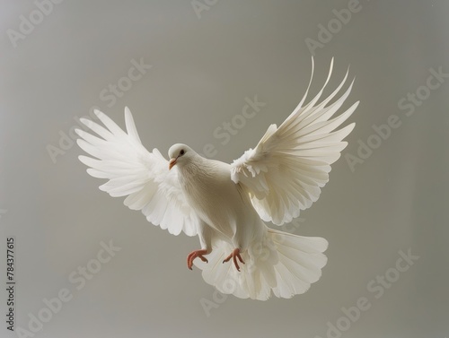 A white dove is flying in the sky. The bird has a black beak and is surrounded by white feathers. Concept of freedom and peace, as the dove is soaring through the air without any visible obstacles