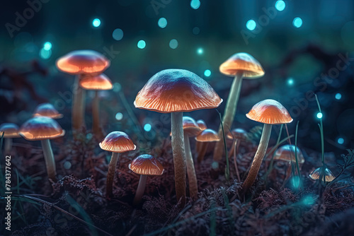 Close-Up Neon Illustration Of Magic Mushrooms