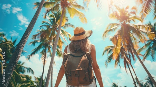 Happy female tourist walking between palm trees on summer vacation photo