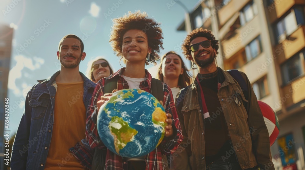 Activists from various countries holding a globe at an environmental protest, advocating for global change, --ar 16:9