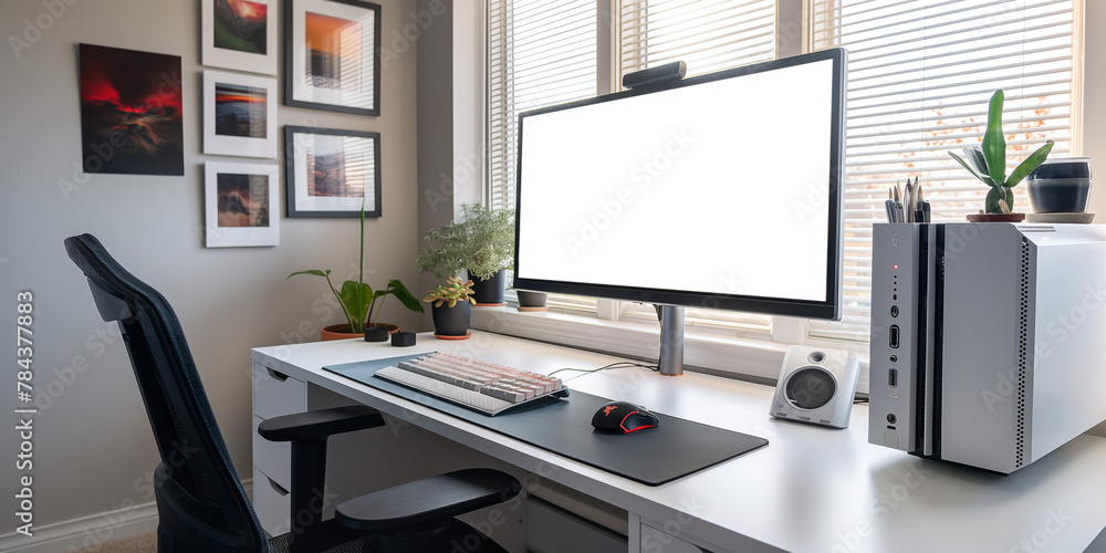 Fototapeta premium Modern designer desktop with blank screen computer, supplies and coffee cup. Mockup