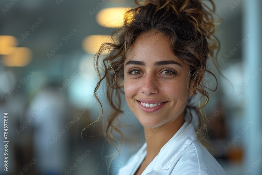 Fototapeta premium A cheerful female medical professional with a stethoscope exudes friendliness and confidence