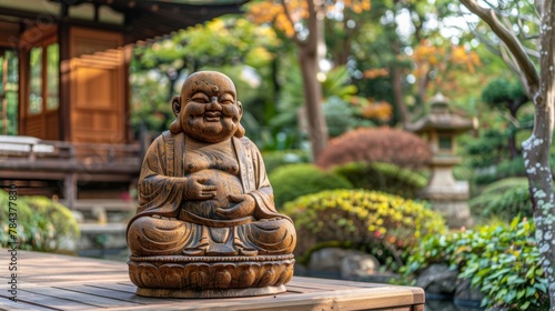 A statue of a Buddha with a smiling face sits on a wooden table in a garden. The statue is surrounded by greenery and has a peaceful and serene atmosphere