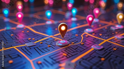 Customer Mapping: A 3D vector illustration of a map with pins for customer mapping