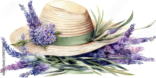 Watercolor Picture Of Straw Hat With Lavender Branches