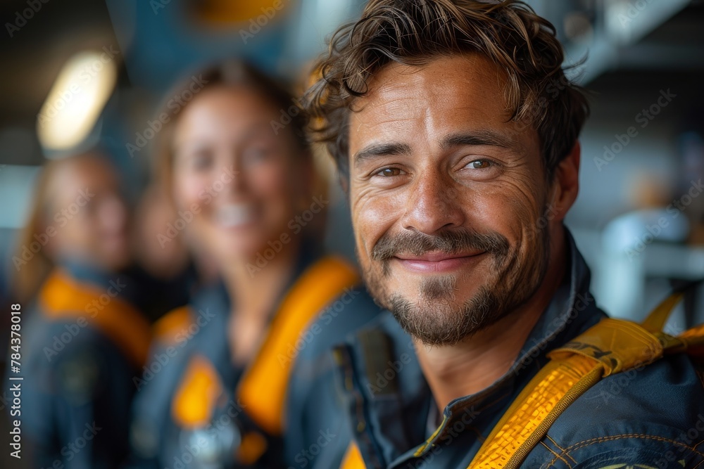 A happy astronaut with a big smile with his team blurred in the background at a spacecraft simulation A happy astronaut with a big smile with his team blurred in the background at a spacecraft simulation