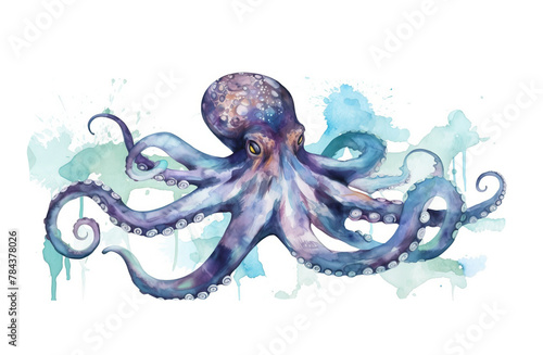 octopus painted in watercolor medium on a plain white background. The octopus is intricately detailed and showcases vibrant colors in a realistic style.