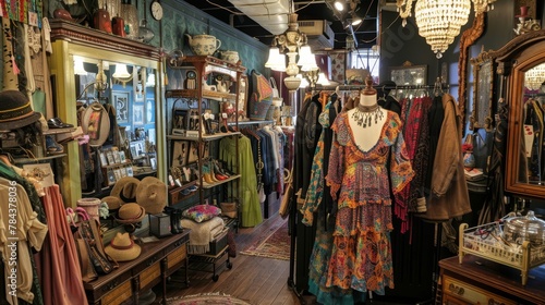 Art deco thrift shop, featuring 1920s and 1930s decor items and fashion, elegant and nostalgic atmosphere, --ar 16:9 © mogamju