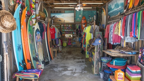 Beachfront thrift shop with a focus on summer gear, surfboards, swimsuits, and beach toys, laid-back vibe, --ar 16:9