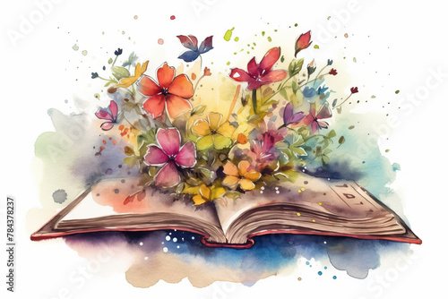 Watercolor Drawing Of A Magic Book Open With Colorful Flowers photo