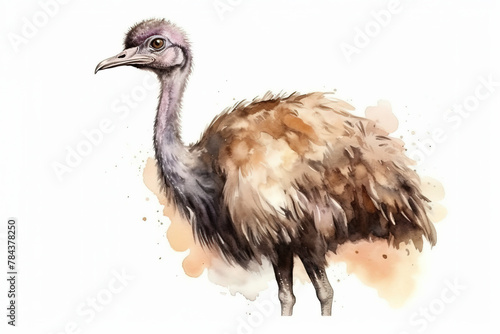 Watercolor Drawing Of Emu Ostrich On White Background
