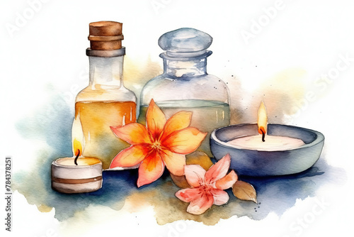 Watercolor Drawing Of Spa Scented Oils With Candles