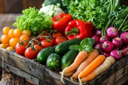 Assorted ripe vegetables in a wooden crate on a wood surface show the beauty of agricultural produce