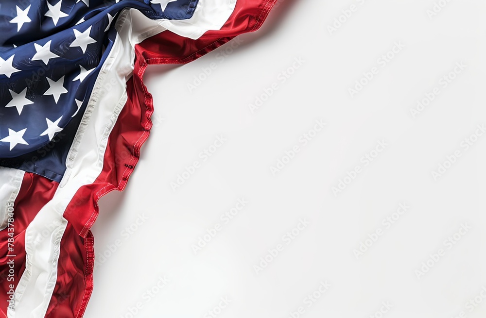 A red, white, and blue American flag is displayed on a white background A red, white, and blue American flag is displayed on a white background