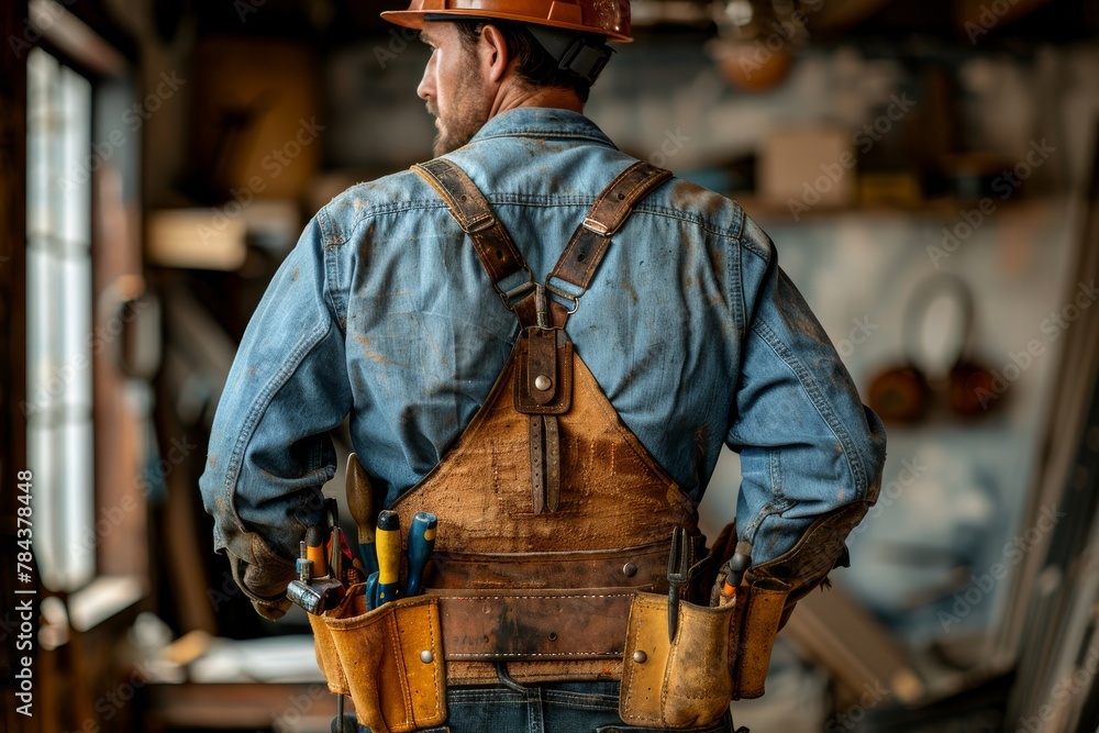 The image captures the back of a worker wearing a well-stocked leather tool belt, hinting at craftsmanship and skill