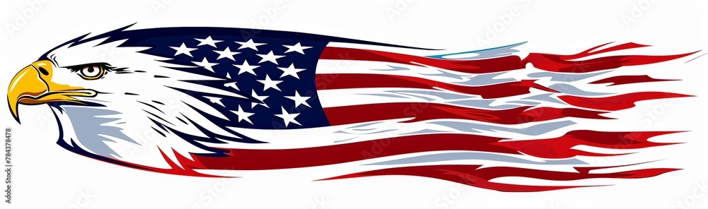 An eagle is flying through a red, white, and blue American flag An eagle is flying through a red, white, and blue American flag
