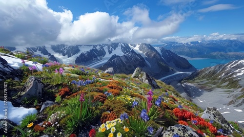 Breathtaking summer views from the top of Mount Cook, New Zealand, with snow patches and alpine blooms, --ar 16:9
