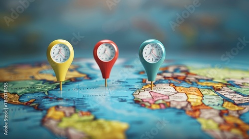 Education and Learning: A 3D vector illustration of a map with pins indicating different time zones