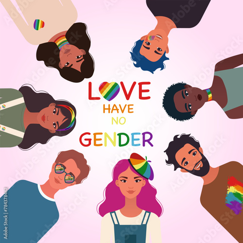 LGBT community. Diverse people at LGBTQ pride around square. Sexual freedom and love diversity concept. Gays, lesbians and queer persons with rainbow colors accessories. Flat vector illustration.