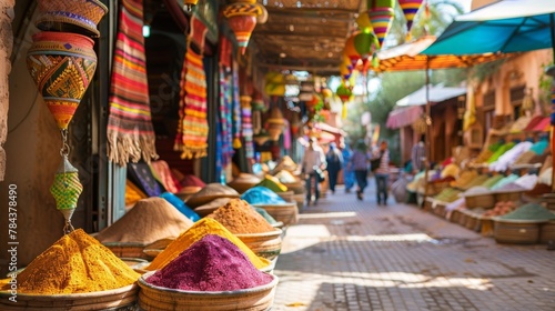 Bustling local street market in Marrakech, vibrant spices and textiles displayed under colorful tents, --ar 16:9