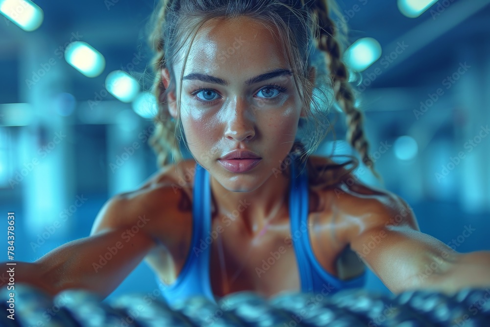 Close-up shot of a fit young woman intensely working out with battle ropes in a gym setting, highlighting her dedication Close-up shot of a fit young woman intensely working out with battle ropes in a gym setting, highlighting her dedication