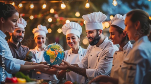 Culinary chefs from different cultures holding a globe at a food festival, celebrating global cuisine, --ar 16:9 photo