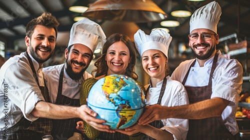 Culinary chefs from different cultures holding a globe at a food festival, celebrating global cuisine, --ar 16:9