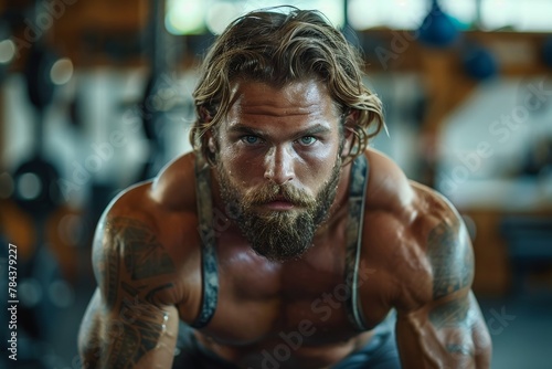 An intense focused athlete in a gym performing weight training exercises showcasing muscular physique